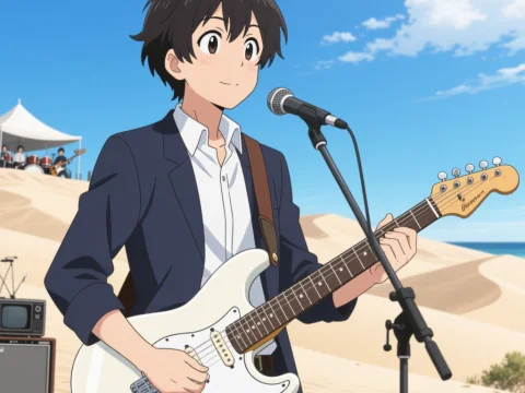 Anime Boy Playing Electric Guitar in Desert Setting