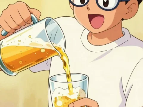 Anime Boy Pouring Beer with Joyful Expression