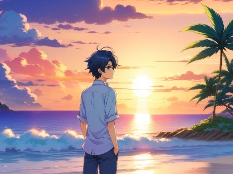 Anime Boy Watching Sunset on Tropical Beach