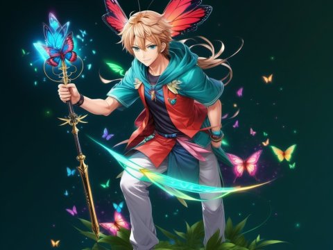 Anime Boy with Butterfly Wings and Magical Staff