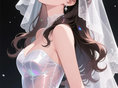 Anime Bride in Elegant Veil and Iridescent Dress