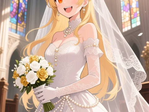 Anime Bride in Elegant Wedding Dress in Cathedral
