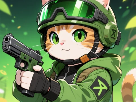 Anime Cat Soldier in Green Tactical Gear with Pistol