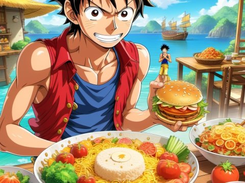Anime Character Enjoying a Feast by the Sea
