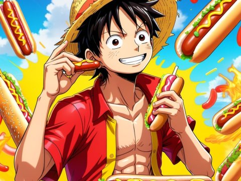Anime Character Enjoying Hot Dogs in Vibrant Style