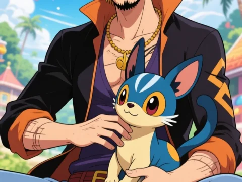 Anime Character Holding Cute Blue Cat in Sunny Outdoor Setting