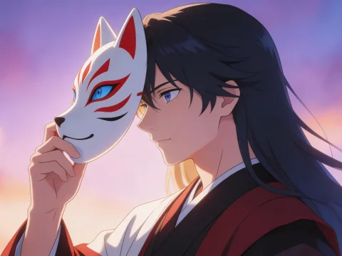 Anime Character Holding Kitsune Fox Mask at Sunset