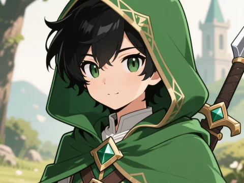 Anime Character in Green Hooded Cloak with Sword
