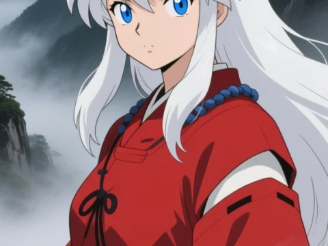Anime Character in Red Robe Amidst Foggy Mountain Landscape