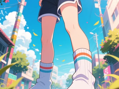 Anime Character in Shorts and Striped Socks on Sunny Street