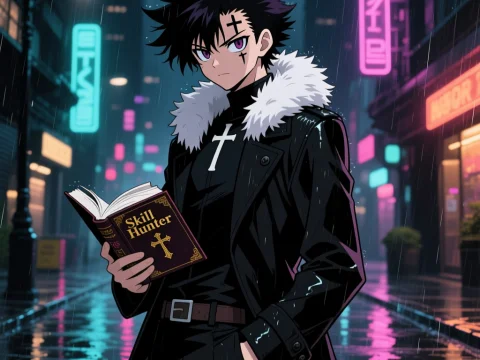Anime Character Reading 'Skill Hunter' in Rainy Neon City