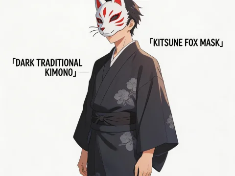 Anime Character Sheet Featuring Kitsune Fox Mask and Dark Kimono