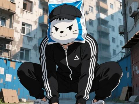 Anime Character Squatting in Urban Alley with Cat Face Mask