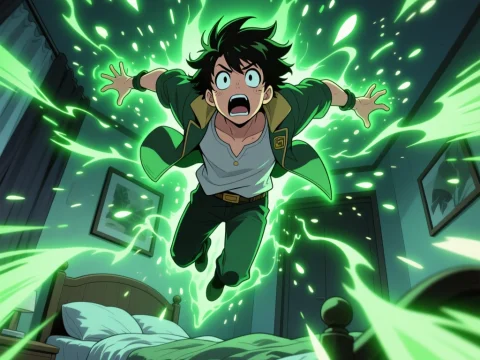 Anime Character Surrounded by Green Energy in Bedroom