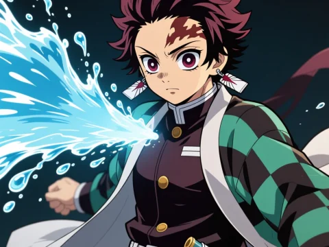 Anime Character Using Water Technique in Action Pose