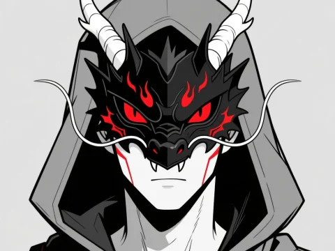 Anime Character Wearing a Black Dragon Mask with Red Accents