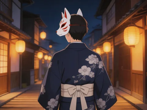 Anime Character Wearing Fox Mask in Traditional Japanese Street