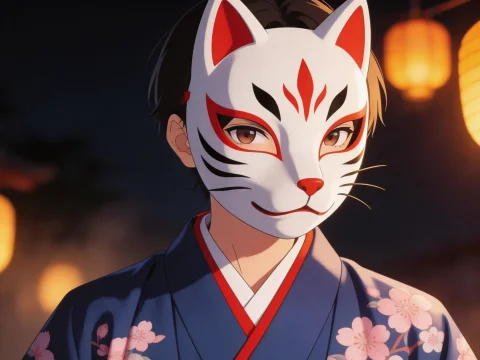 Anime Character Wearing Traditional Kitsune Fox Mask