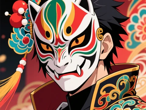 Anime Character Wearing Traditional Peking Opera Mask