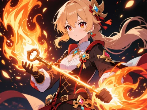 Anime Character Wielding Magical Fire Staff