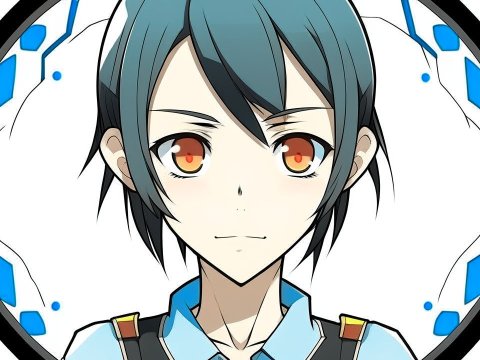 Anime Character with Blue Hair and Fiery Eyes