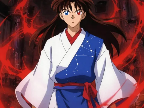 Anime Character with Heterochromia in Traditional Robe Surrounded by Red Aura