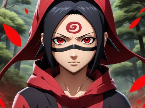 Anime Character with Red Eyes and Hood in Forest