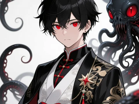 Anime Character with Red Eyes and Tentacled Creature