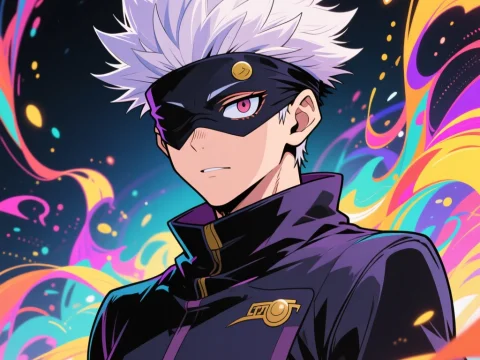 Anime Character with White Hair and Mask in Vibrant Colors