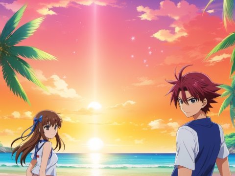 Anime Couple at Sunset Beach