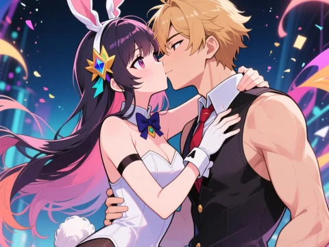 Anime Couple Sharing a Romantic Moment in Vibrant Night Scene