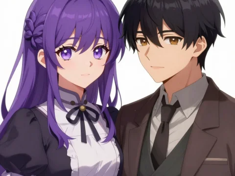 Anime Couple with Purple-Haired Girl and Dark-Haired Boy