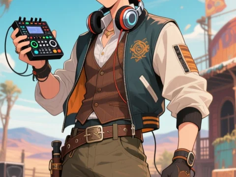 Anime DJ in Desert Setting with Modern Gear