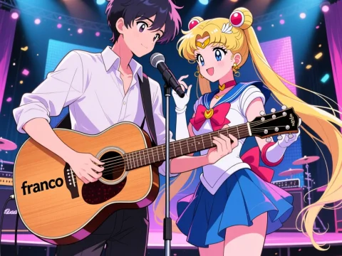 Anime Duo Performing on Stage with Guitar