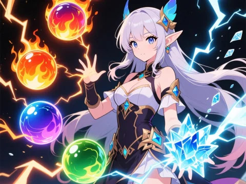 Anime Elf Sorceress with Elemental Spirit Orbs