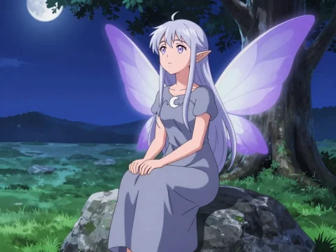 Anime Fairy with Purple Wings Sitting on Rock at Night