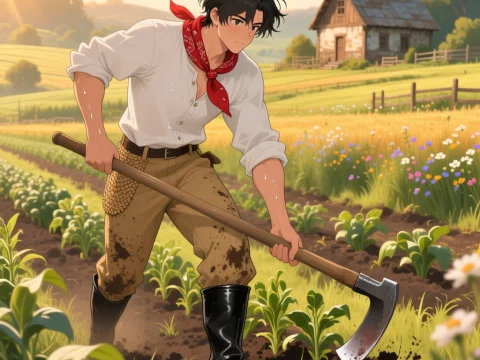 Anime Farmer Working in a Sunny Field