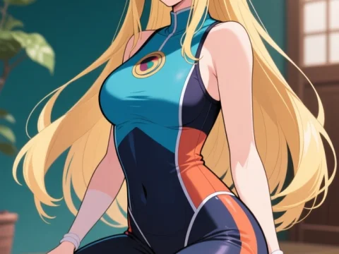 Anime Female Character in Yoga Outfit Kneeling Indoors