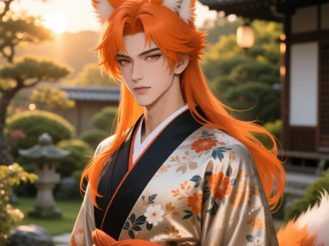 Anime Fox Spirit in Elegant Floral Kimono at Sunset