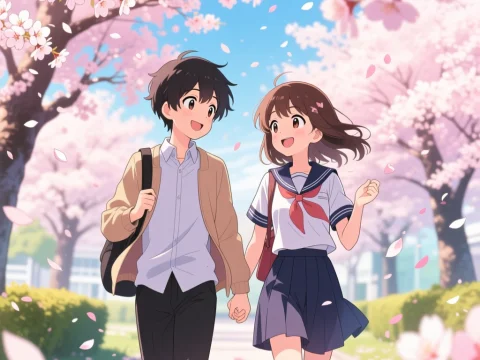 Anime Friends Walking Under Cherry Blossoms