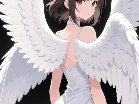 Anime Girl Angel with Glowing Halo and White Wings