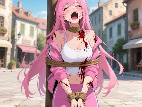 Anime Girl Bound and Injured in Village Square