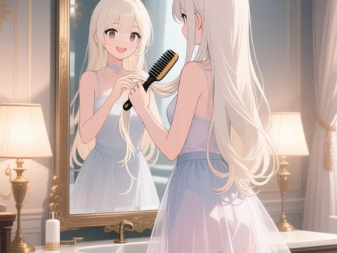 Anime Girl Brushing Hair in Elegant Baroque Bedroom