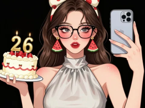 Anime Girl Celebrating 26th Birthday with Cake and Selfie
