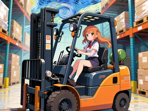 Anime Girl Driving Forklift in Warehouse with Starry Night Sky