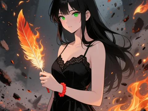 Anime Girl Holding a Flaming Phoenix Feather