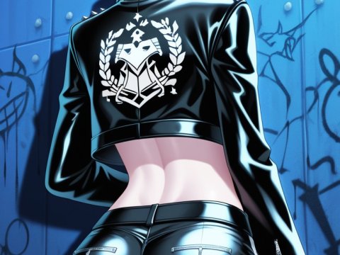 Anime Girl in Black Leather Outfit with Cat Ears