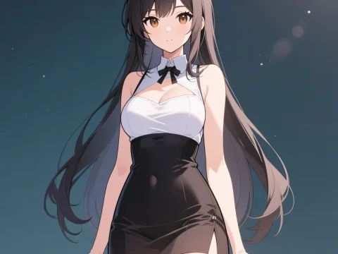 Anime Girl in Elegant Black and White Dress