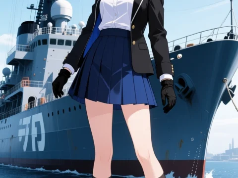 Anime Girl in Formal Navy Outfit by a Warship
