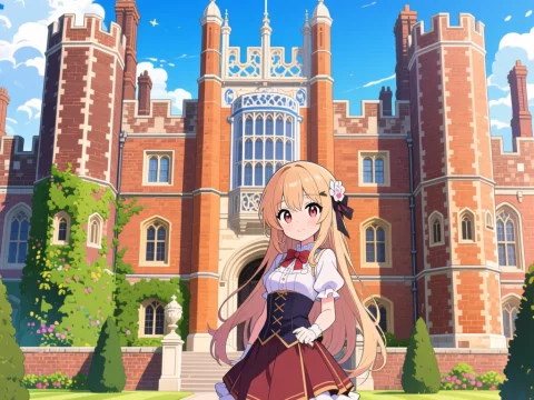 Anime Girl in Front of Hampton Court Palace